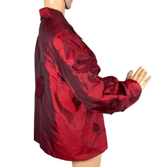 Vintage Women’s Red Silk Blazer Jacket Black Beaded Appliqués Size L Statement - Picture 2 of 10